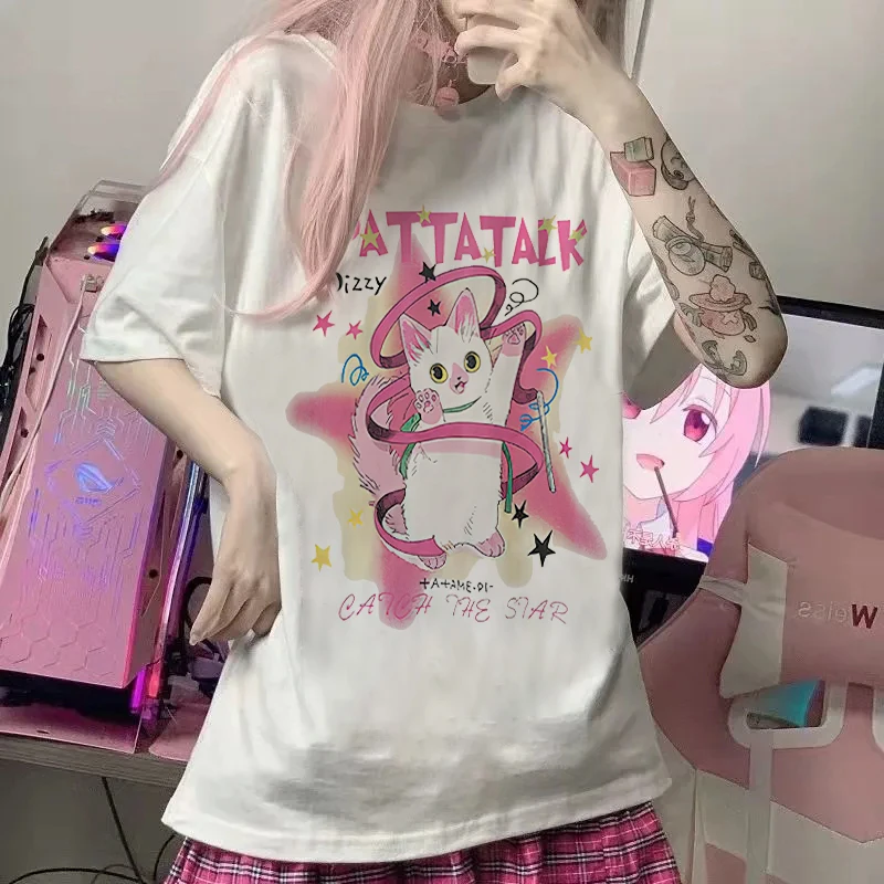 

Y2k Топ Harajuku, женская футболка, лето 2021, розовая футболка с короткими рукавами и принтом кота, женская свободная футболка с героями мультфильмов, милая одежда
