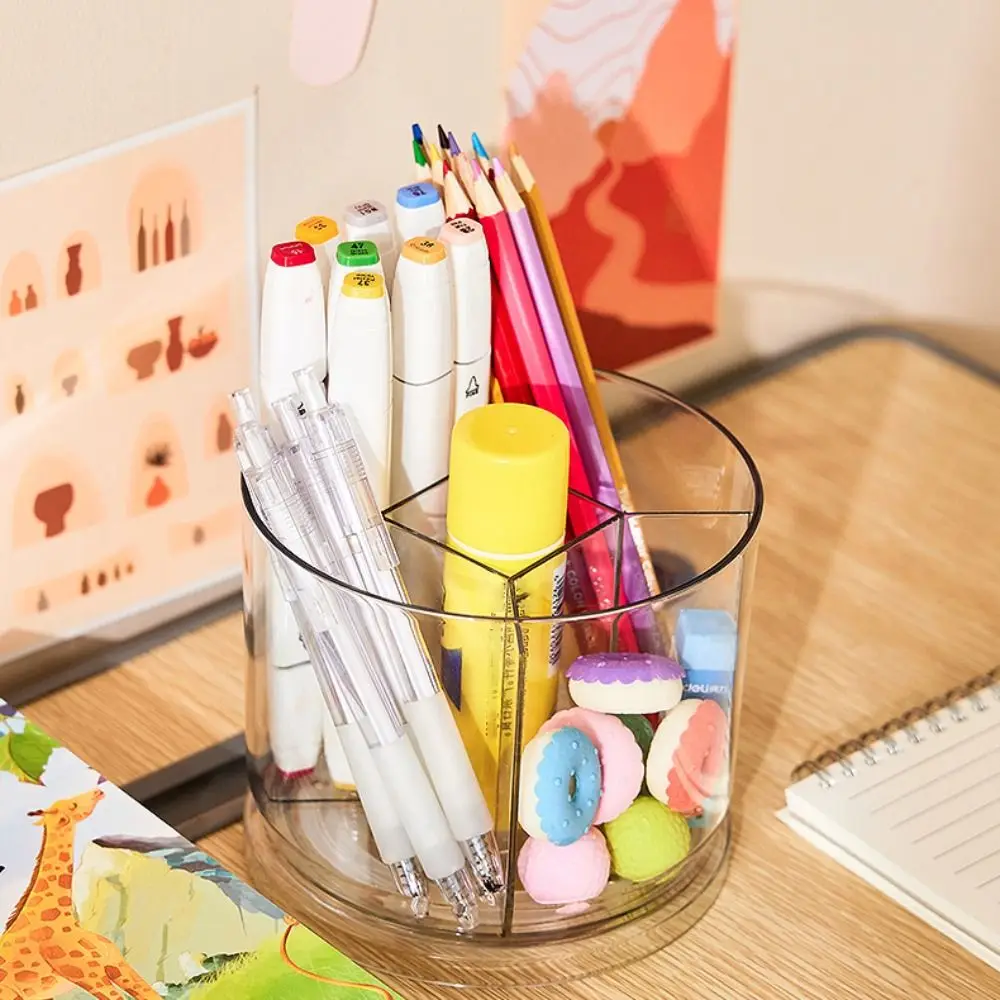 

360° Rotation Rotatable Pen Holder 5 Grids Space Saving Pencil Storage Box Large Capacity Transparent Makeup Brush Organizer