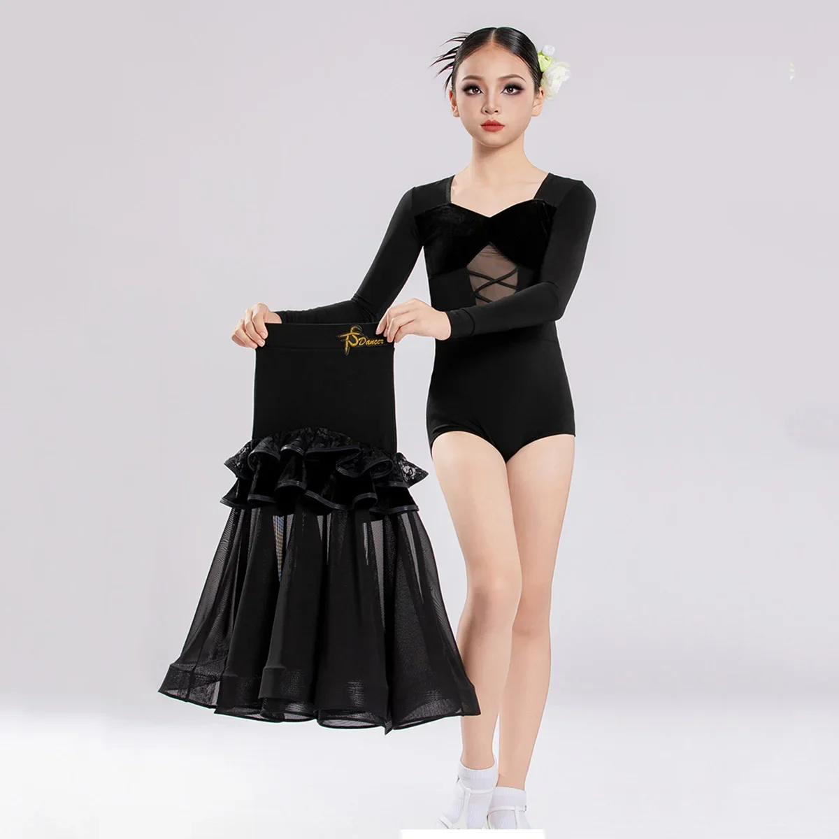 Children's Modern Dancing Split Suit Mesh Splicing Fishbone Long Dress Waltz Quick Step Standard Art Exam Dancewear Costume