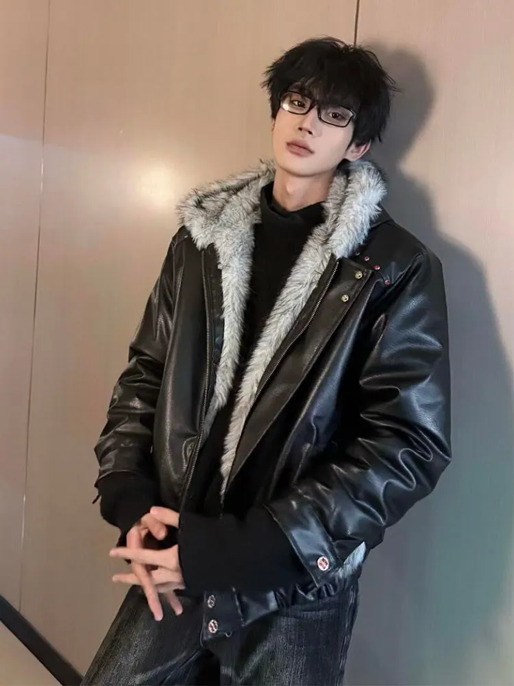 

American High Street Hooded Fur Collar Mountain Eagle Cotton Jaet PU Leather Coat Thiened Loose Outerwear for Men And Women