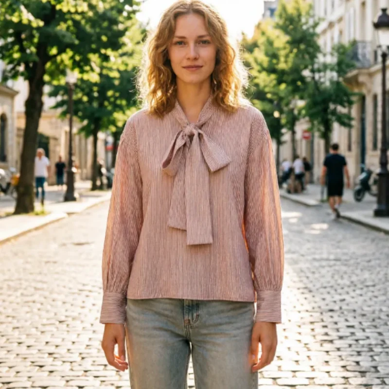 

2026 Spring New Fashion Commuter Pattern Bow Tie Trim Shirt