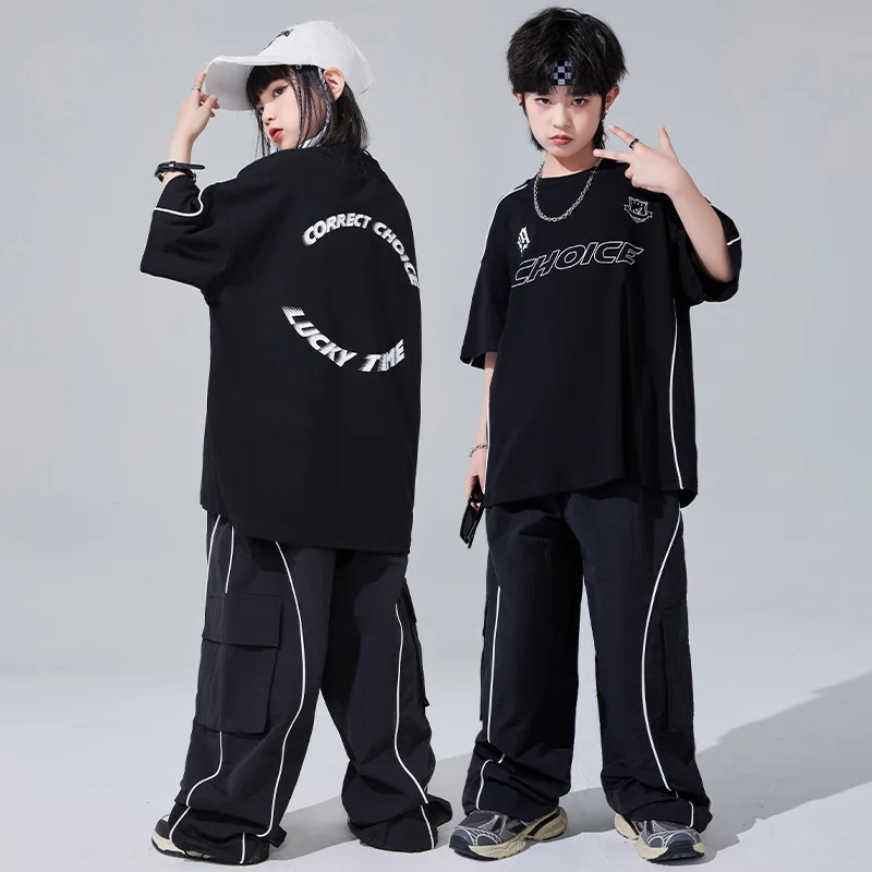 Boys Hip Hop Black Motorcycle T-shirt Cargo Pants Girls Street Dance Kids Loose Joggers Children Costumes Teens Clothes Sets