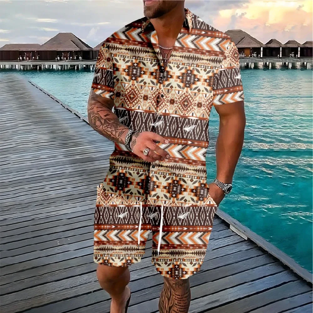 ฮาวายสไตล์วันหยุด Aztec องค์ประกอบปุ่มเสื้อกางเกงขาสั้นสีเรขาคณิตชุด Streetwear Casual Beach Men เสื้อผ้า