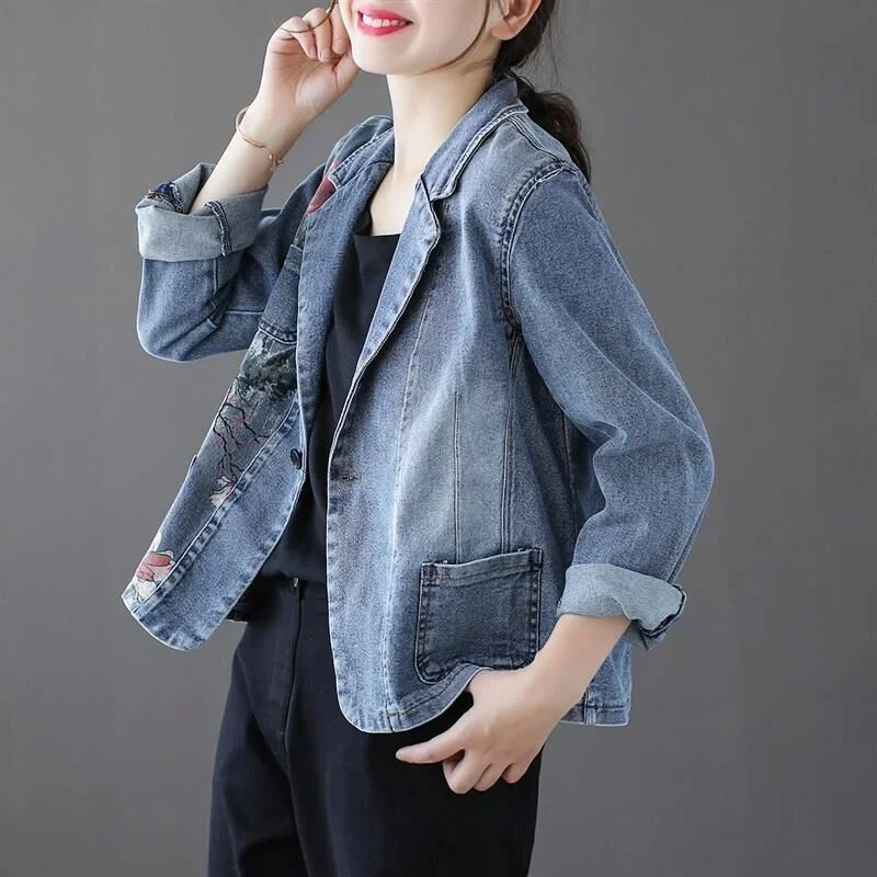 Vintage Print Suit Collar Denim Coat Women's Spring Autumn Slim Single Button Short Outwear Casual Female Jeans Jacket Tops