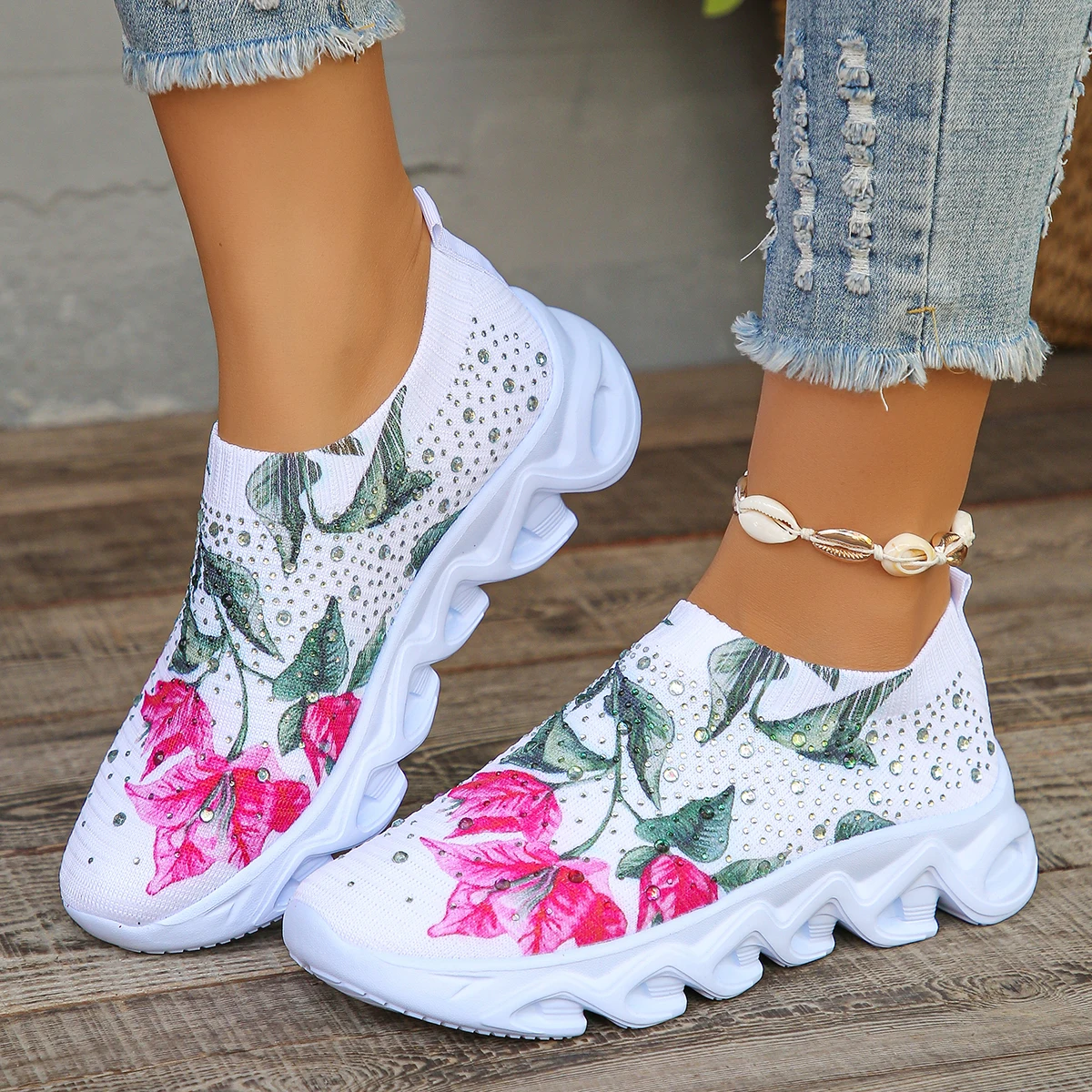 Crystal Floral Women\'s Knitted Sneakers Summer 2024 New Breathable Air Mesh Casual Shoes Woman Light Weight Walking Sports Flats