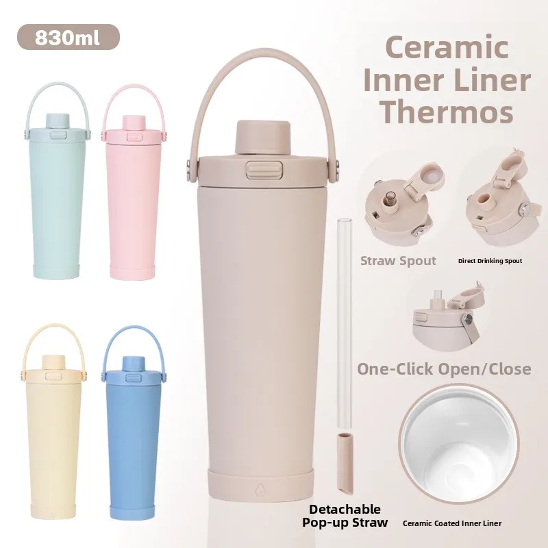 

2025 New 830ml Stainless Steel Ceramic Coated Straw Cup Portable Bouncing Insulated Cup Pearl Absorbing Cross-Border Cup
