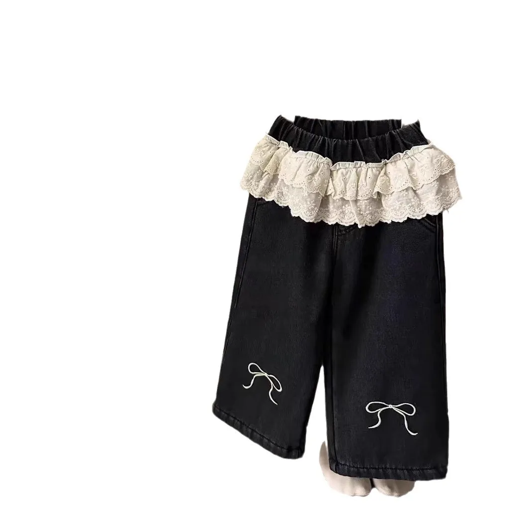 Autumn Winter Korean Toddler Girls Pants Lace Waist Embroidered Bow Plus Velvet Children Girls Jeans Kids Girls Wide Leg Pants