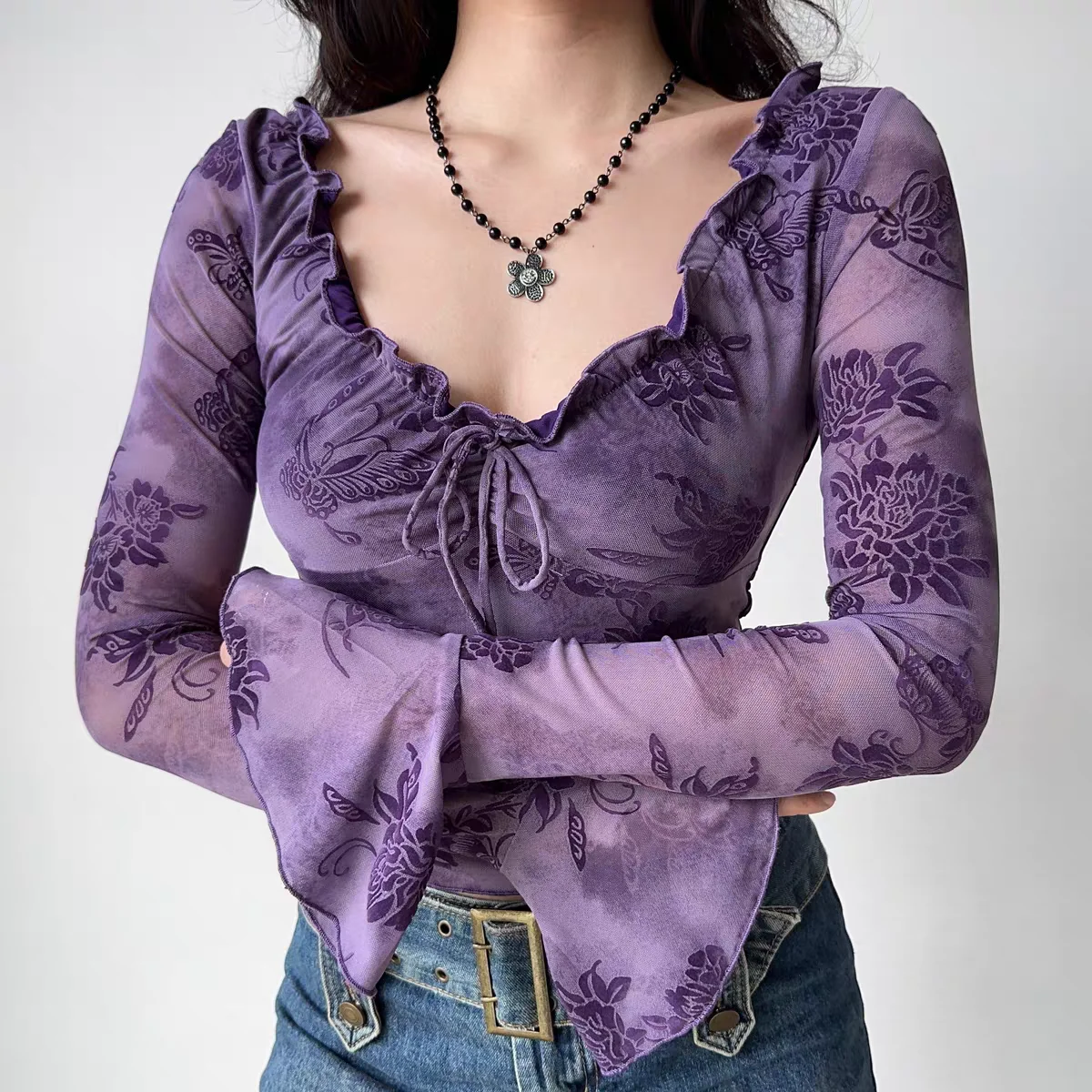 

Fey Charm Flocked Top Women Ruffle Trim Bell Sleeve Tie Front Cropped Blouse Spring Wardrobe Cottagecore Fitted Tee Shirt