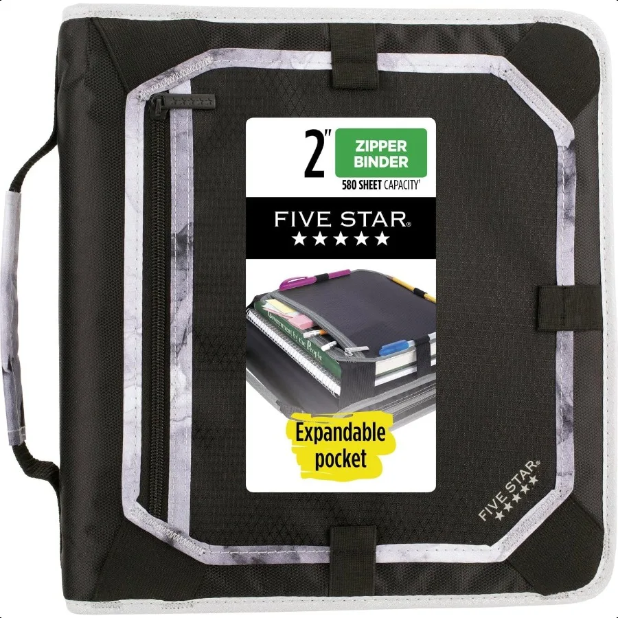 

Папка-молния 2-дюймовая папка с 3 кольцами с круглой панелью расширения и файлом расширения 5 планшетов, емкость листа 580, черный, серый, 29052I
