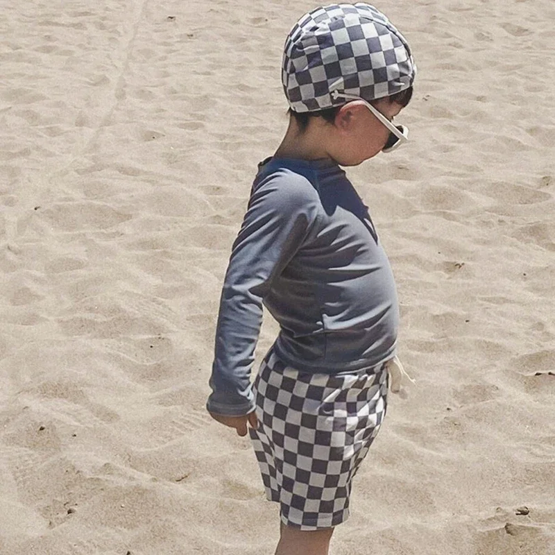 

Kids Summer Swimwear Sets Baby Boys Long Sleeve Sunscreen Quick-Dry Solid Top + Plaid Swimming Trunks Surfing Suit Bathing Suit