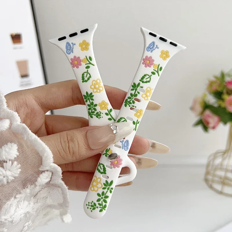 

Fashion Flowers Silicone Bracelet for Apple Watch 9 8 7 6 5 4 3 2 1 Strap Iwatch Series 45mm 44mm 42mm 49mm 38mm 40mm 41mm Band