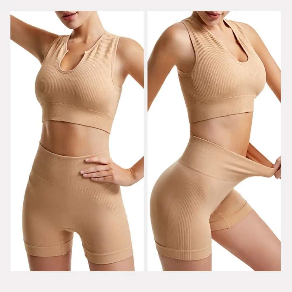 

Nylon Women Yoga Suit Rib-Knit Without Pad Workout Bra Shorts Set Ringless Stretchable Fitness Crop Tops Sports Underwear