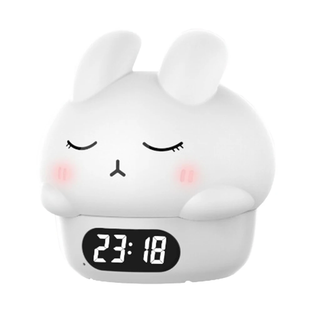 Cute Nightlight Clock:Soft Touch,Versatile Functions,Accompany You To Sleep Shy Rabbit Pat Night Light Alarm Clock Bedroom Bedsi