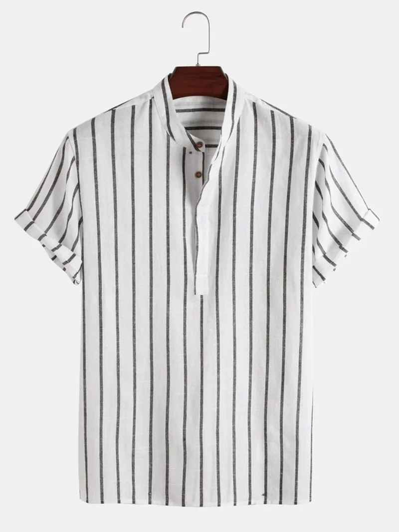 Men Clothing 2024 Summer New Men Striped Half Button Shirt Fashion Short Sleeve Camisas Para Hombre