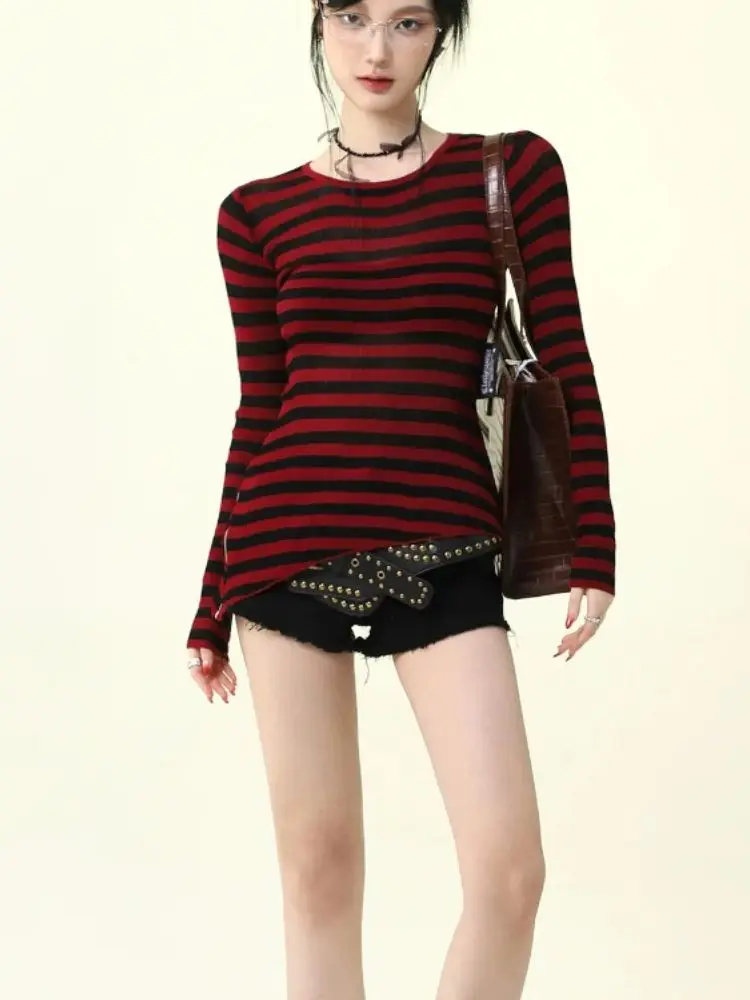 Striped Pullovers Women Spring Spicy Girls Vintage Y2k Chic Streetwear Harajuku Korean Fashion Casual Trendy Punk Style Simple