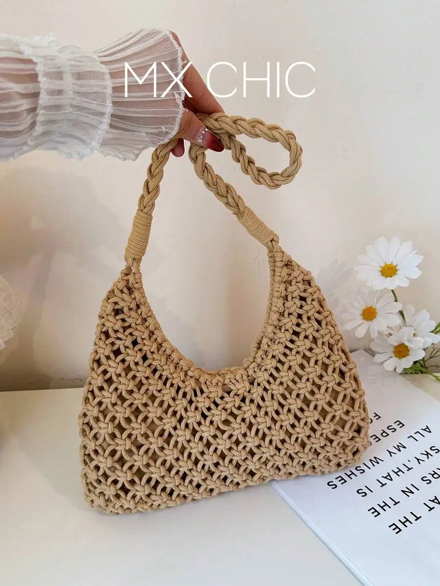 

Solid Color Crochet Crescent Moon Shoulder Bag, fashionable zipper style for spring summer shopping vacation gifting.