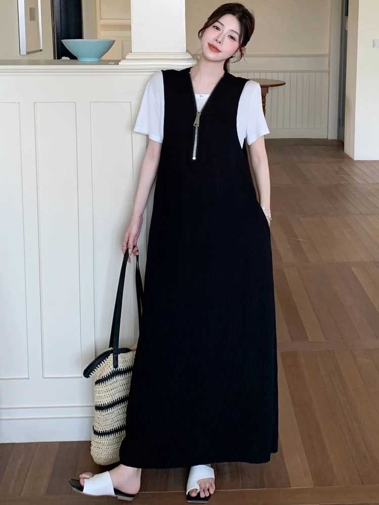 NYFS ชุดสตรีฤดูร้อนหลวมพลัสขนาดแขนสั้น 2 ชิ้นชุดวันหยุด T เสื้อ + ชุดสีดํา Robe Ete femme Elbise 2025 ใหม่