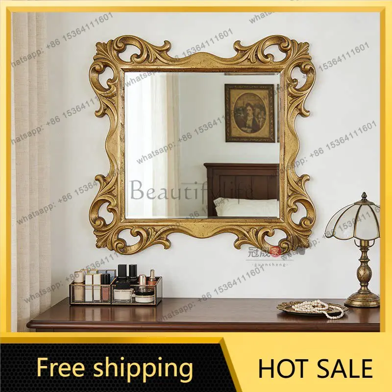 LS Luxury Bathroom Mirror American Vintage Bathroom Carved Living Room Fireplace Classic Decorative Mirror