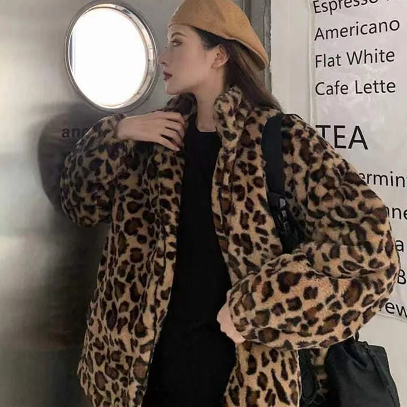 Damska kurtka w panterkę ze stójką, ciepłe parki, koreańska odzież wierzchnia, luźne płaszcze ze sztucznego futra, kobieta, jesień, zima, nowość,