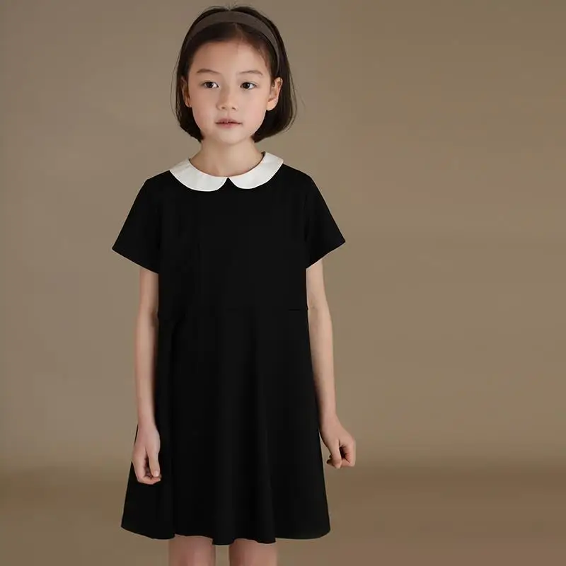 Summer Black Short Sleeved Dress New Girl's Doll Neck Princess Dress