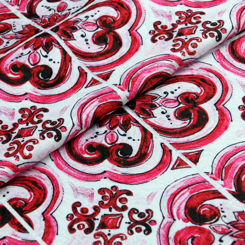 Red Majolica printed jacquard polyester fabric tissus women dress Needlework DIY fabric&clothing sewing cloth material