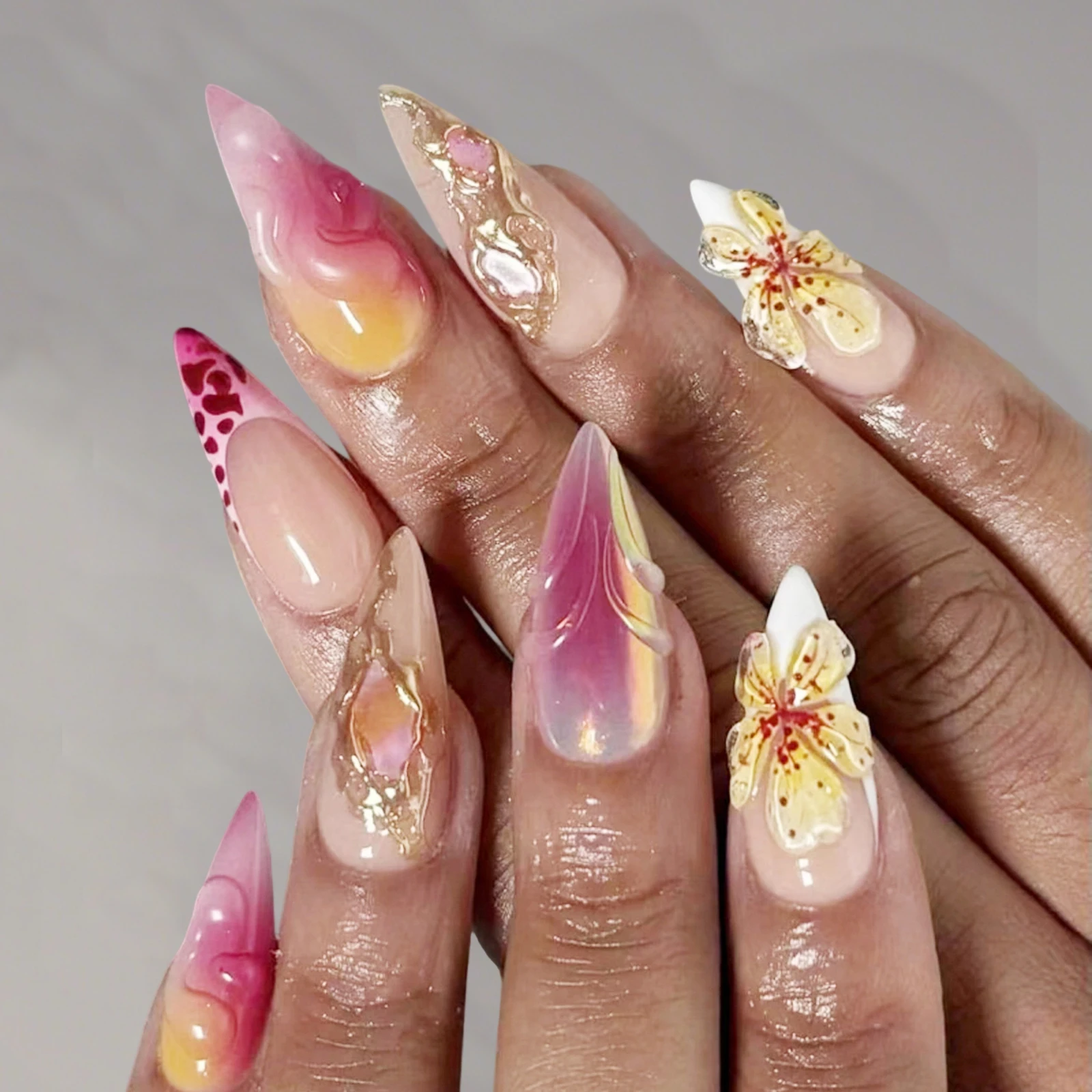 24Pcs Almond Press on Nails 3D Floral Leopard Pattern Fake Long Nail Tips Full Cover for Women