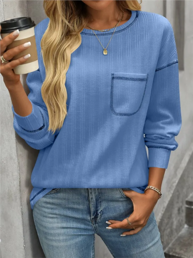 Women's Tops 2024 Autumn Winter New Style Pitted Brushed Solid Color O-neck Pocket Loose Casual T-shirt & Blouses Fashion Shirts