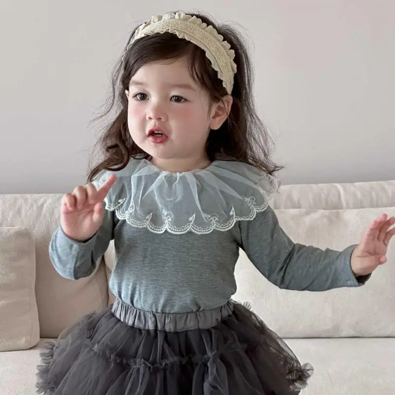 

2025 Autumn New Baby Girl Long Sleeve T Shirts Cotton Girls Cute Lapel Princess Tops Solid Kids Bottoming Shirts Infant Clothes