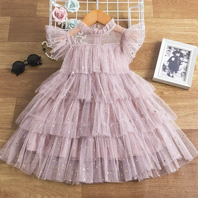 Vestido de princesa esponjoso para niños, estrella de hadas, lentejuelas, malla de pastel, vestidos cortos de flores para niñas, sólido, alto, nuevo