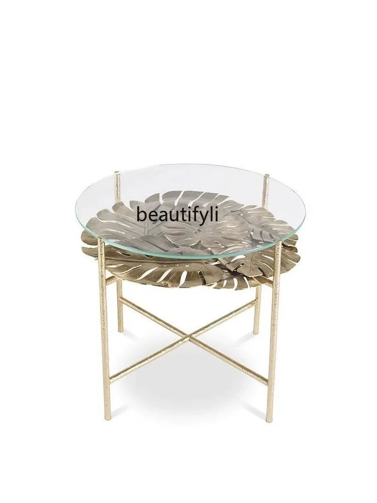 

Italian Light Luxury Pure Copper Tea Table Villa Living Room Brass Glass Leaf Shape Luxury Side Table furniture HY