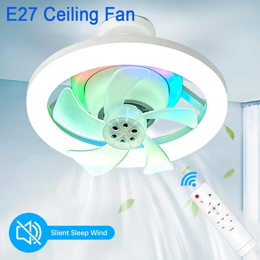 Luz Ventilador de Teto com Controle Remoto, Lâmpada LED, Base E27, 3 Velocidade, Regulável, RGB, Quarto, Sala de Estar, 48W