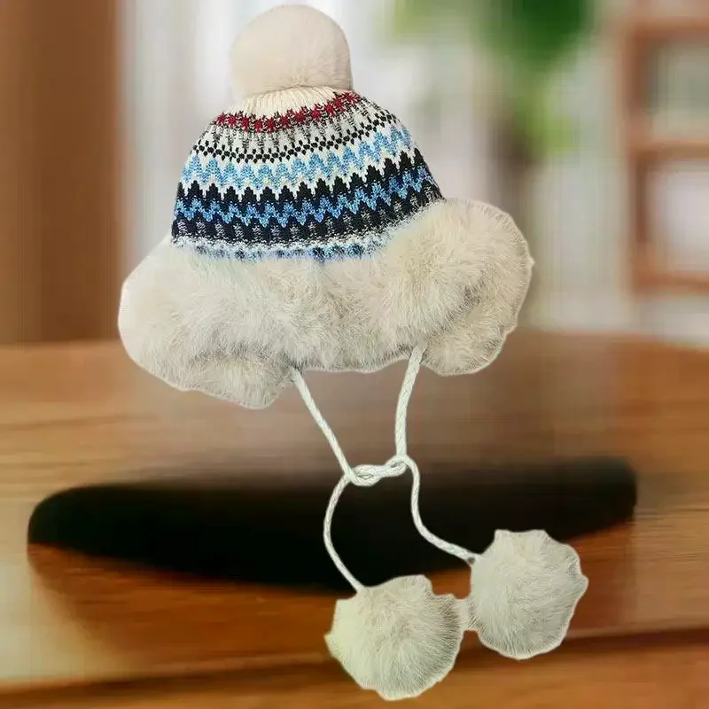 Chapéu lei feng quente forrado de lã engrossado para mulheres malha jacquard padrão proteção de ouvido chapéu à prova de frio versátil chapéu casual