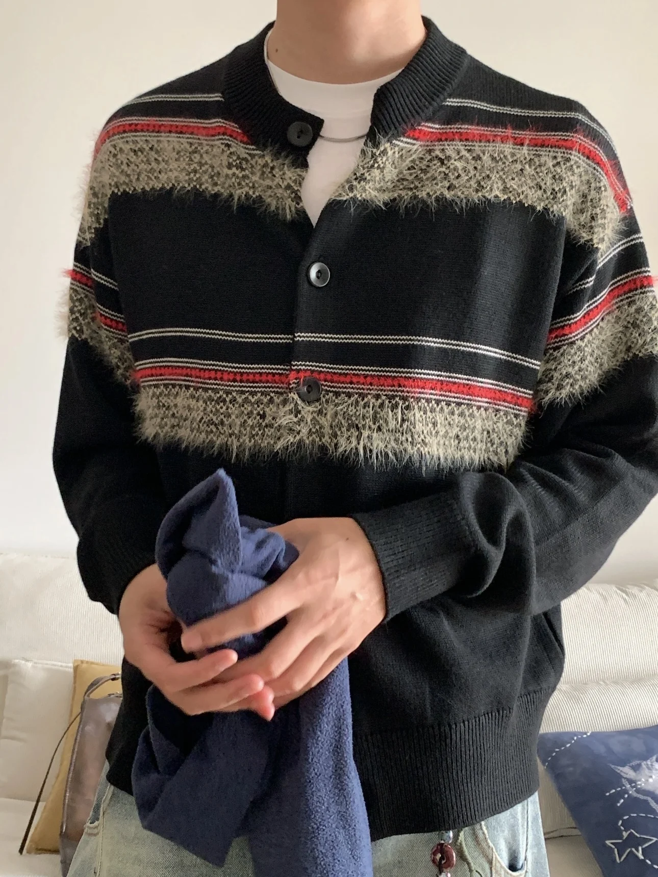 

American Retro Striped Color Blo Knitted Open Cardigan Men Women Winter Warm Casual Loose Knitted Outerwear