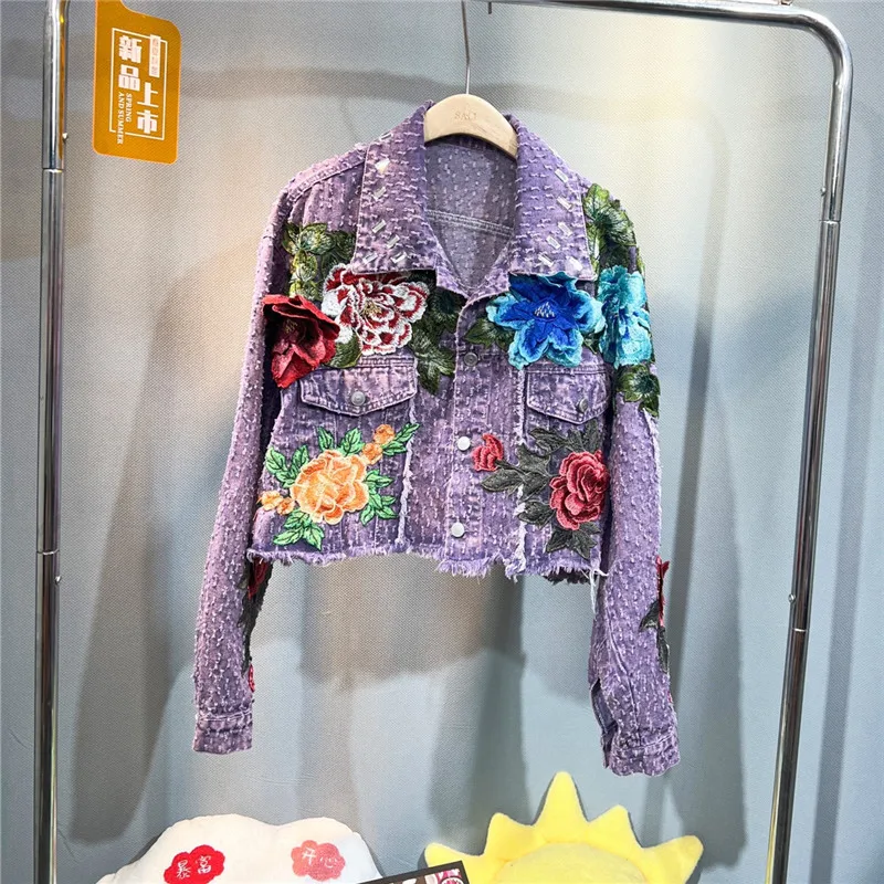 Vintage Flower Embroidery Purple Short Denim Jacket Frayed Burrs Hole Casual Lapel Long Sleeve Jeans Jacket Women Streetwear