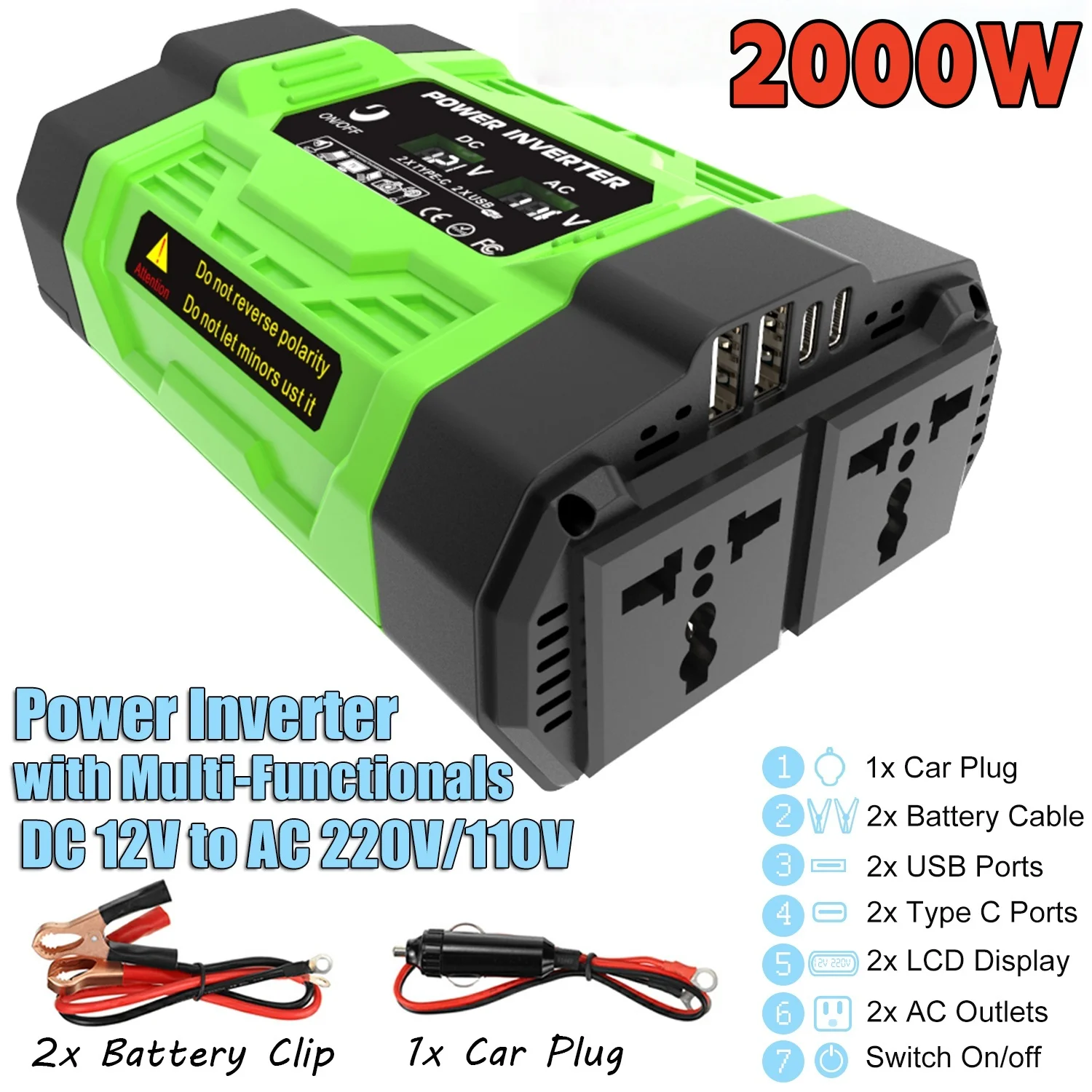 

Inverter 2000W, 12V to 220V/110V, Portable Car Charger Converter, Car Power Inverter, Suitable for Outdoor and Home use.