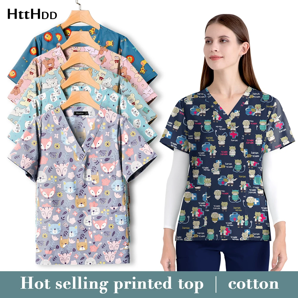 

Wholesale Beauty Salon Work Clothing Veterinaria Dentist Cartoon Uniform Dentist Print Working Scrubs Tops Pet Grooming Uniforms