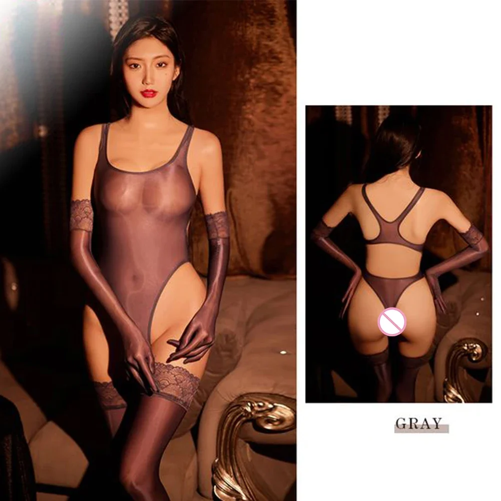 Womens Sexy Bodysuit Oil Shiny See-Through Bikini Lingerie High Cut Leotard Swimsuit Jumpsuit Sheer Seamless Night Club Wear