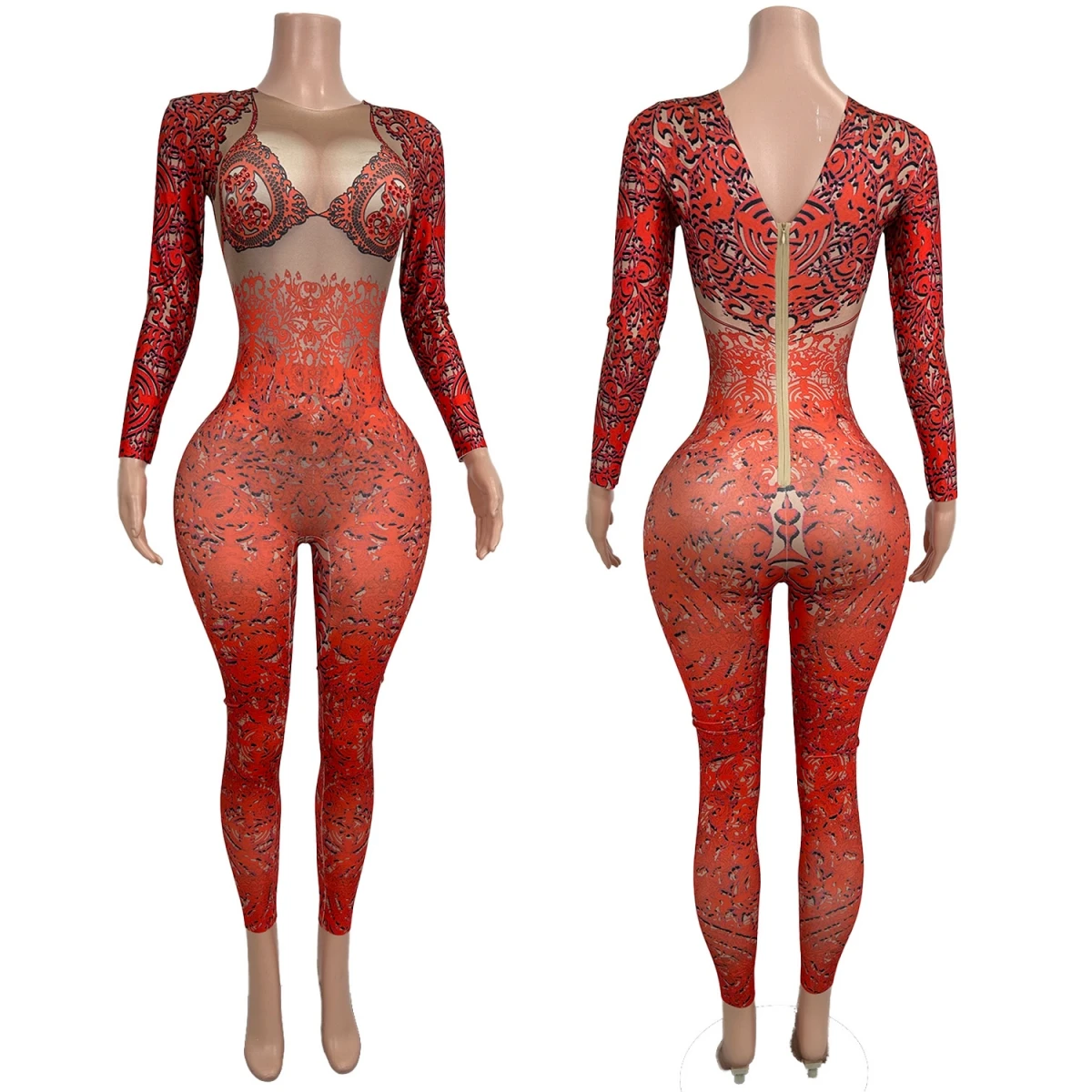 Jumpsuit elastis spandeks merah setelan tari seksi kostum pertunjukan Halloween pakaian tari ketat jumpsuit cetak wanita Fuzinv