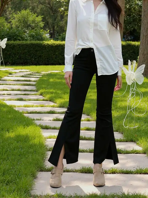 

Джинсы с расклешенным подолом и разрезом, женские небесно-черные повседневные свободные брюки с высокой талией, модные женские брюки, уличная одежда, удобные летние