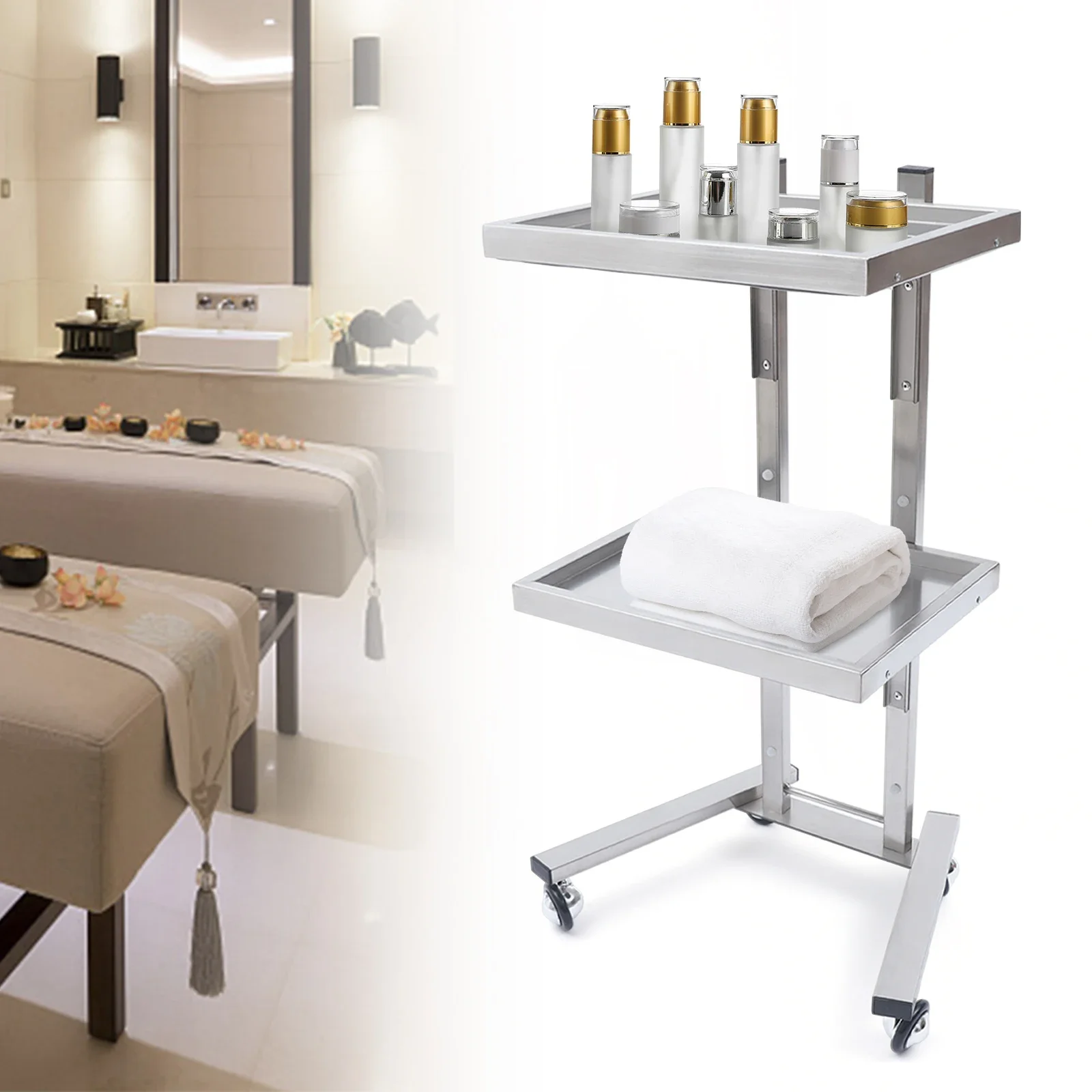 

2-Tier Rolling Tattoo Tray w/Wheels Stainless Steel Salon Rolling Trolley Cart Utility Hair Salon Station w/Storage Trays Silver