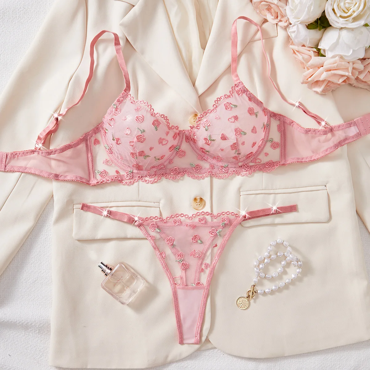 

Sexy Mesh Flower Embroidery Lingerie Women Ultra-thin Perspective Gather Exotic Bra Sets Female Sweet Pink See Through Underwear