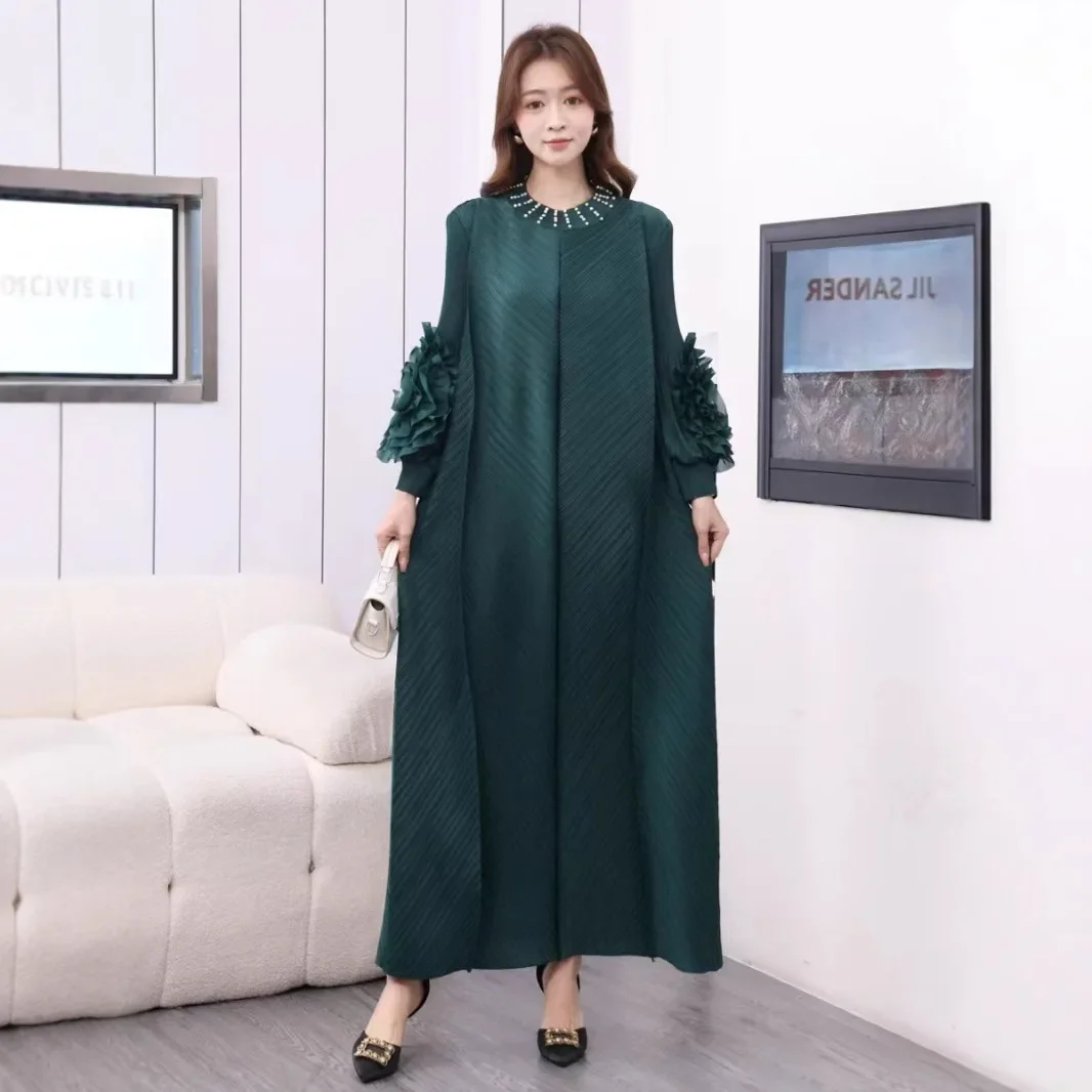 Pleats Pleated Dress Hand Shaken Flower 2025 Spring Summer New Long-sleeved Elegant Dress Women Printed Long Dress Plaid Skirt