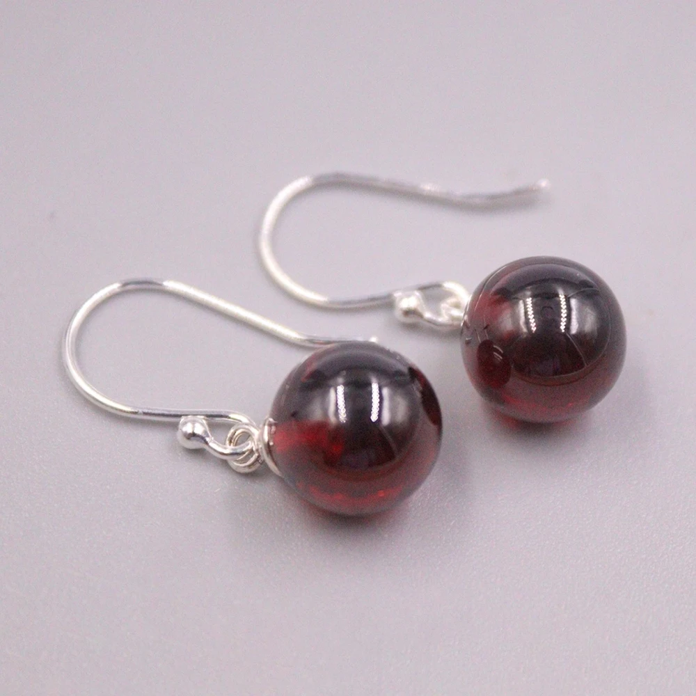 

Real Solid 925 Sterling Silver Dangle Women Lucky Red Garnet Smooth Round Ball Bead Earrings