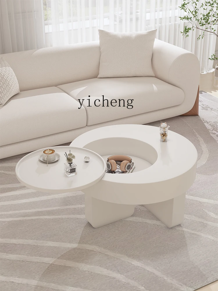 ZF round Tea Table Living Room Home Small Apartment White Tea Table Minimalist Rotatable Light Luxury