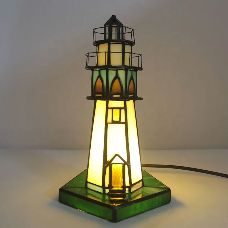 

LongHuiJing Lighthouse 10 inch Tiffany Style Stained Glass Accent Table Lamp Night Light