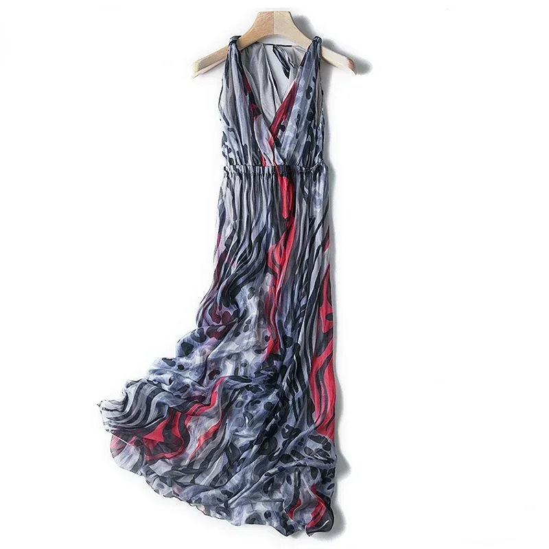 Elegant Silk Dress 2024 New Sleeveless Floral Dress High Waist Slim Deep V-neck Sexy Dress Maxi Dresses For Women Vestido Zm3229