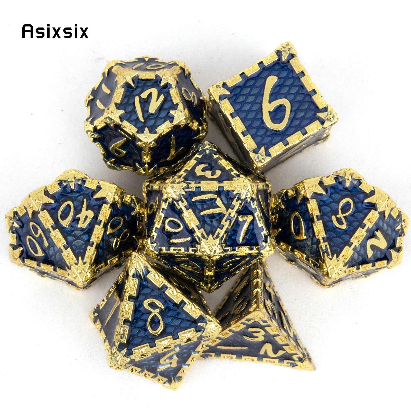 

7 Pcs Blue Golden Fish Scale Metal Dice Solid Metal Polyhedral Dice Set Suitable For Role-Playing RPG Gift Card Game