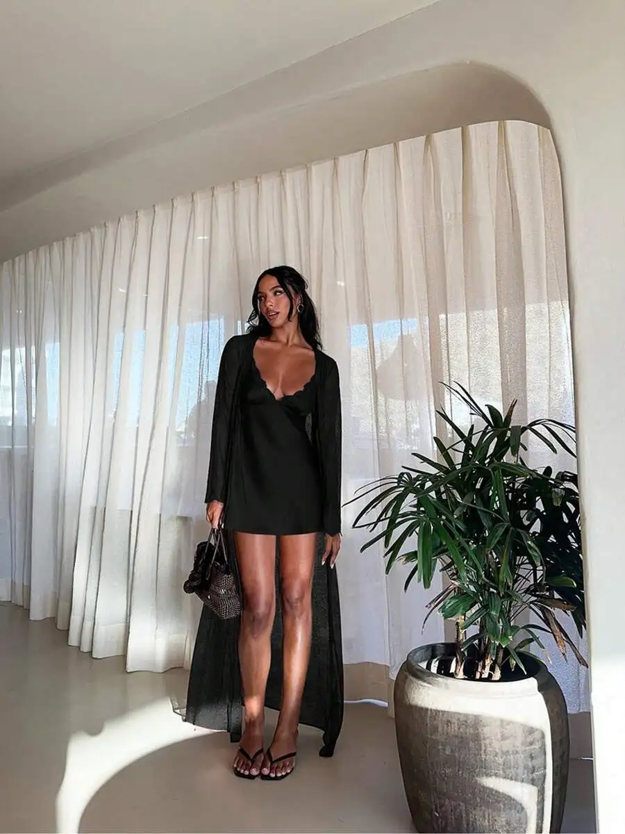 

Women Satin Slip Dress And Lace Robe Two Piece Set Sleepwear