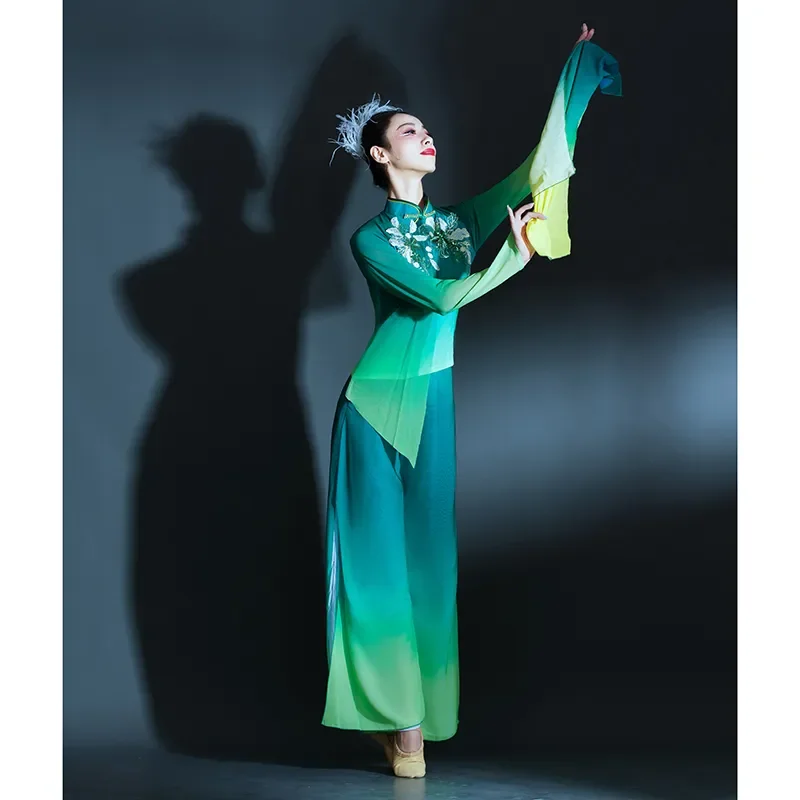 Chinese Tradition Hanfu Classical Dance Costume Female Yangko Clothing Chiffon Gradient Applique National Stage Performance Suit