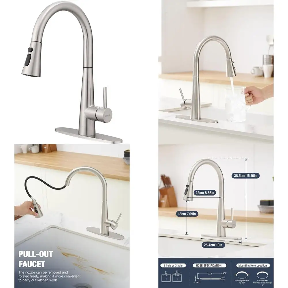 

High Arc 360° Swivel Pull-Down Spray Kitchen Faucet in Brushed Nickel, 3-Mode Head, Ideal for Modern and Farmhouse Sinks